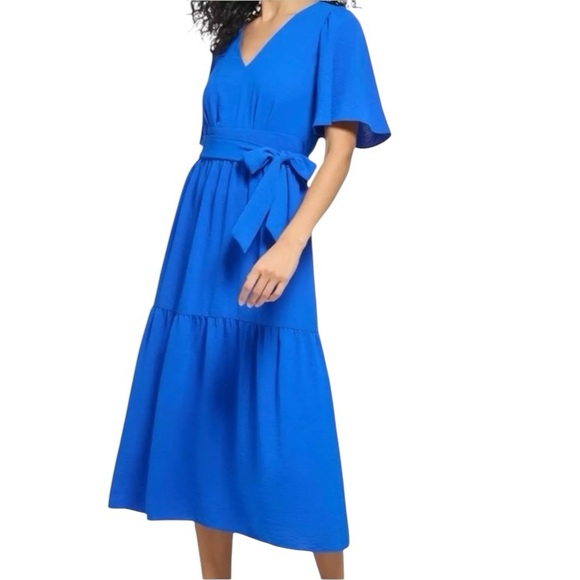 DKNY Midi Dress Womens Size 8 Royal Blue Fit & Flare Tiered Tie Waist V-Neck NWT - Picture 6 of 15